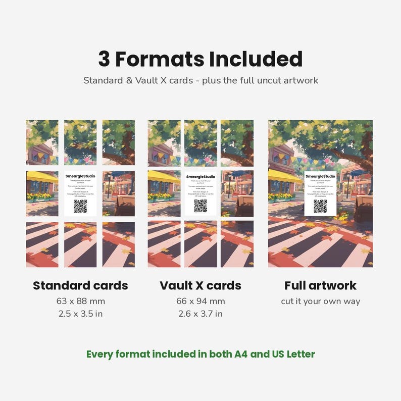 May include: A digital display showing 3 Formats Included: Standard cards at 2.5 x 3.5 inches, Vault X cards at 2.6 x 3.7 inches, and full artwork. Each section features a street scene illustration with a SmeargleStudio card and QR code.