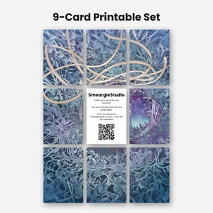 Pode incluir: Um conjunto de 9 cart&otilde;es imprim&iacute;veis com uma ilustra&ccedil;&atilde;o de floresta azul e roxa com linhas onduladas. O cart&atilde;o central exibe o texto SmeargleStudio, instru&ccedil;&otilde;es de agradecimento e um c&oacute;digo QR. O design utiliza tons frios e formas org&acirc;nicas.