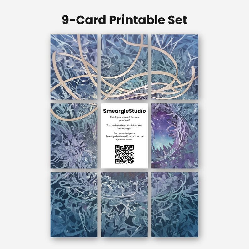 Pode incluir: Um conjunto de 9 cart&otilde;es imprim&iacute;veis com uma ilustra&ccedil;&atilde;o de floresta azul e roxa com linhas onduladas. O cart&atilde;o central exibe o texto SmeargleStudio, instru&ccedil;&otilde;es de agradecimento e um c&oacute;digo QR. O design utiliza tons frios e formas org&acirc;nicas.
