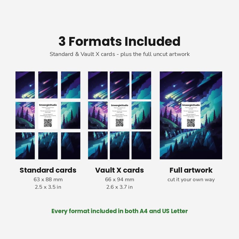 May include: A digital display showing 3 Formats Included: Standard cards at 2.5 x 3.5 inches, Vault X cards at 2.6 x 3.7 inches, and full artwork. Each section features a night landscape with shooting stars, pine trees, and a QR code card.