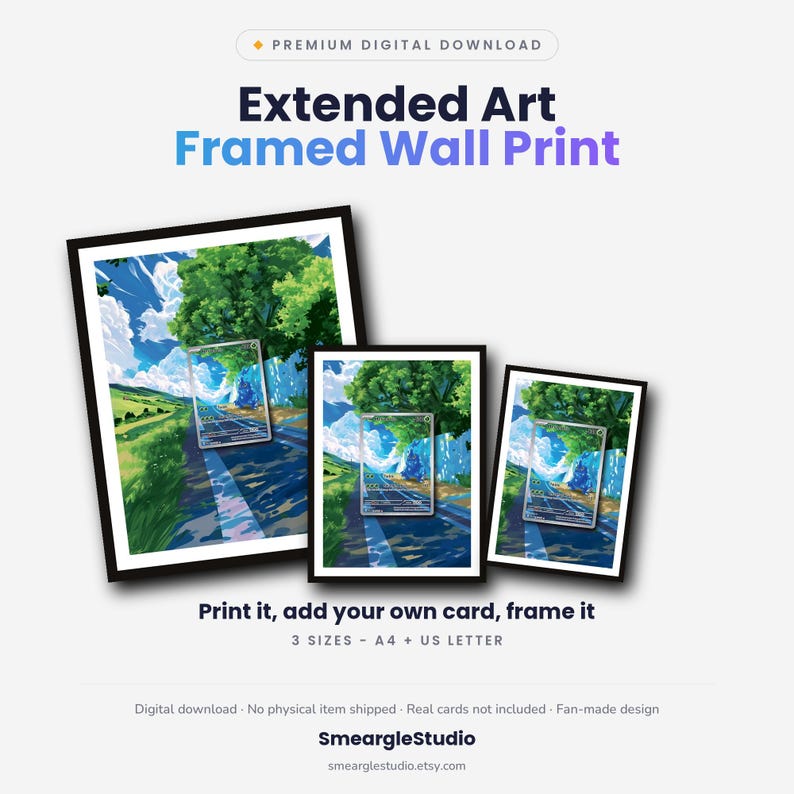 May include: Three framed wall prints featuring an extended art landscape illustration of a road lined with green trees and blue skies. Each print includes a central rectangular cutout for a trading card. Text reads: Premium Digital Download, Extended Art Framed Wall Print, Print it, add your own card, frame it, 3 SIZES - A4 + US LETTER, SmeargleStudio.