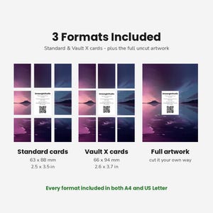 May include: A digital product display showing 3 Formats Included: Standard cards at 2.5 x 3.5 inches, Vault X cards at 2.6 x 3.7 inches, and Full artwork. Each section features a purple landscape illustration with a SmeargleStudio QR code card.