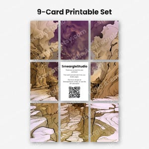 May include: A 9-card printable set featuring abstract, flowing landscape illustrations in shades of tan, brown, and deep purple. The center card displays the text SmeargleStudio, instructions for trimming, and a QR code for further designs.