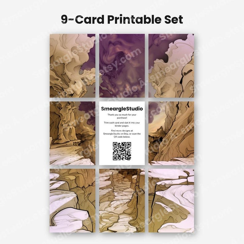 May include: A 9-card printable set featuring abstract, flowing landscape illustrations in shades of tan, brown, and deep purple. The center card displays the text SmeargleStudio, instructions for trimming, and a QR code for further designs.