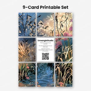 May include: A 9-card printable set featuring nature-inspired illustrations of tall grasses, reeds, and water in shades of blue, gold, and pink. The center card includes the text SmeargleStudio, instructions for trimming, and a QR code for scanning.