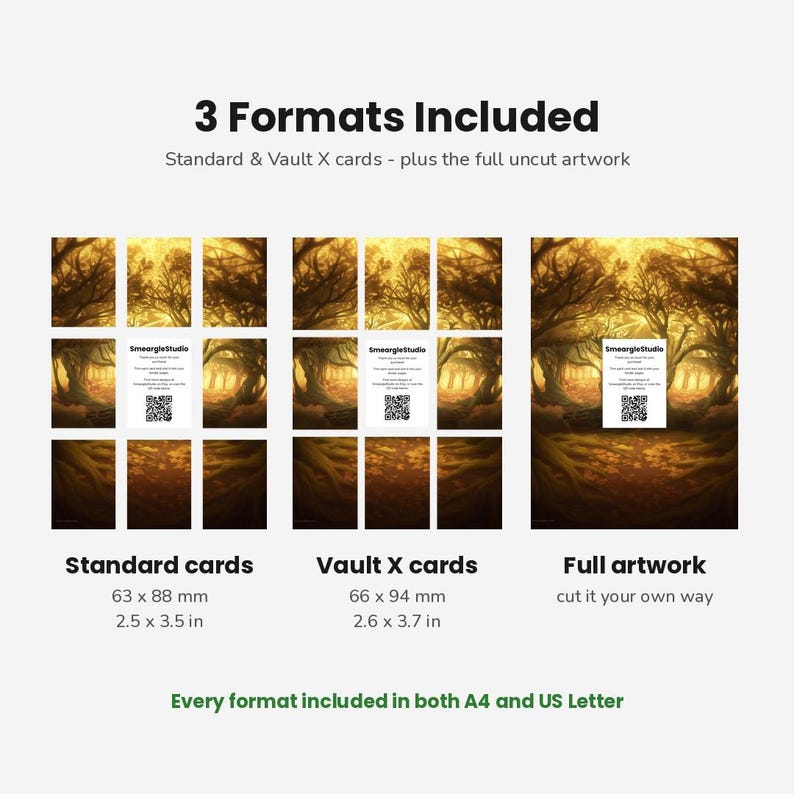May include: A digital product display showing 3 Formats Included: Standard cards at 2.5 x 3.5 inches, Vault X cards at 2.6 x 3.7 inches, and full uncut artwork. Each section features a golden forest illustration with a SmeargleStudio card and QR code.
