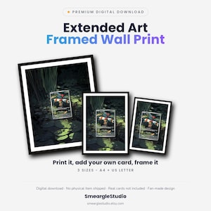 K&ouml;nnte beinhalten: Drei schwarz gerahmte Wandbilder mit einer digitalen Illustration eines Teichs mit Seerosen und einer zentralen Sammelkarte. Der Text lautet: Premium Digital Download, Extended Art Framed Wall Print, Print it, add your own card, frame it, 3 SIZES - A4 + US LETTER.