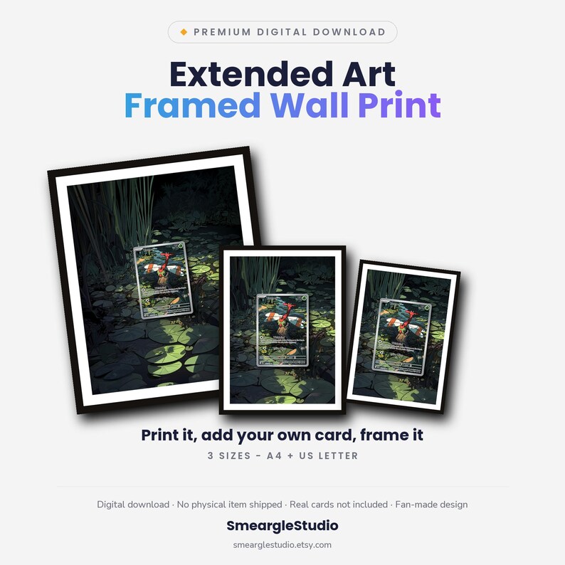 K&ouml;nnte beinhalten: Drei schwarz gerahmte Wandbilder mit einer digitalen Illustration eines Teichs mit Seerosen und einer zentralen Sammelkarte. Der Text lautet: Premium Digital Download, Extended Art Framed Wall Print, Print it, add your own card, frame it, 3 SIZES - A4 + US LETTER.