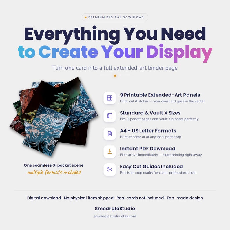 May include: A digital download product featuring 9 printable extended-art panels for a 9-pocket binder page. The design displays a seamless scene with blue ocean waves and dark elements. Text includes Everything You Need to Create Your Display.
