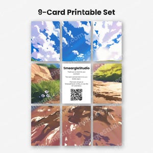 May include: A 9-card printable set featuring illustrated scenes of blue skies with white clouds, grassy hills with small white flowers, and brown earth textures. A central white card displays the text SmeargleStudio, instructions, and a QR code.