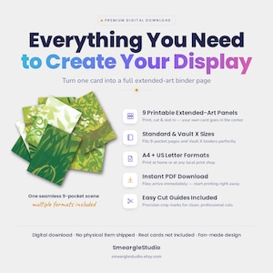 May include: A digital download product featuring 9 printable extended-art panels with green foliage designs. The text reads Everything You Need to Create Your Display, One seamless 9-pocket scene, and lists features like A4 and US Letter formats.