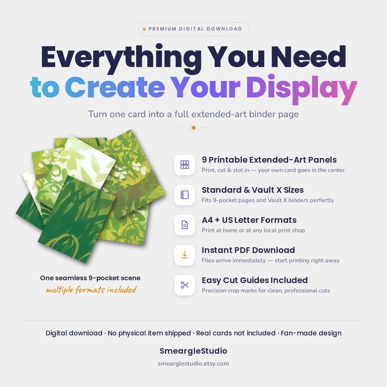 May include: A digital download product featuring 9 printable extended-art panels with green foliage designs. The text reads Everything You Need to Create Your Display, One seamless 9-pocket scene, and lists features like A4 and US Letter formats.