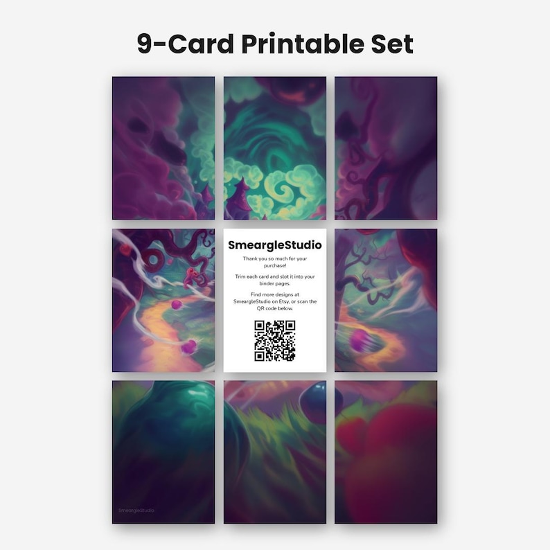 May include: A 9-card printable set featuring a continuous digital illustration of a surreal landscape with swirling purple clouds, glowing green mist, and a winding path. The center card displays the text SmeargleStudio and a QR code.