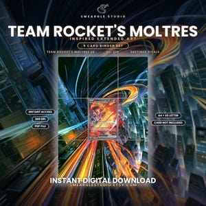 May include: A digital download set featuring Team Rocket's Moltres inspired extended art, organized into a 9-card binder layout. The design displays vibrant orange and blue light trails over a dark city background with text including Smeargle Studio.