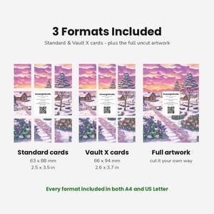 May include: A digital product display showing 3 Formats Included: Standard cards at 2.5 x 3.5 inches, Vault X cards at 2.6 x 3.7 inches, and full artwork. Each section features a snowy landscape with houses, purple clouds, and a QR code card.