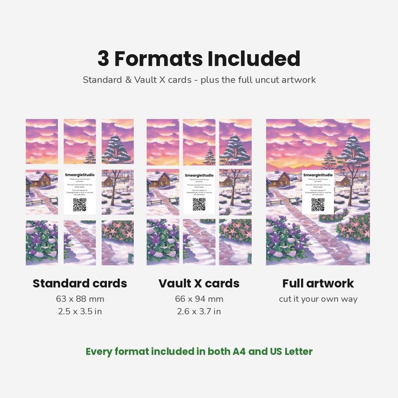 May include: A digital product display showing 3 Formats Included: Standard cards at 2.5 x 3.5 inches, Vault X cards at 2.6 x 3.7 inches, and full artwork. Each section features a snowy landscape with houses, purple clouds, and a QR code card.