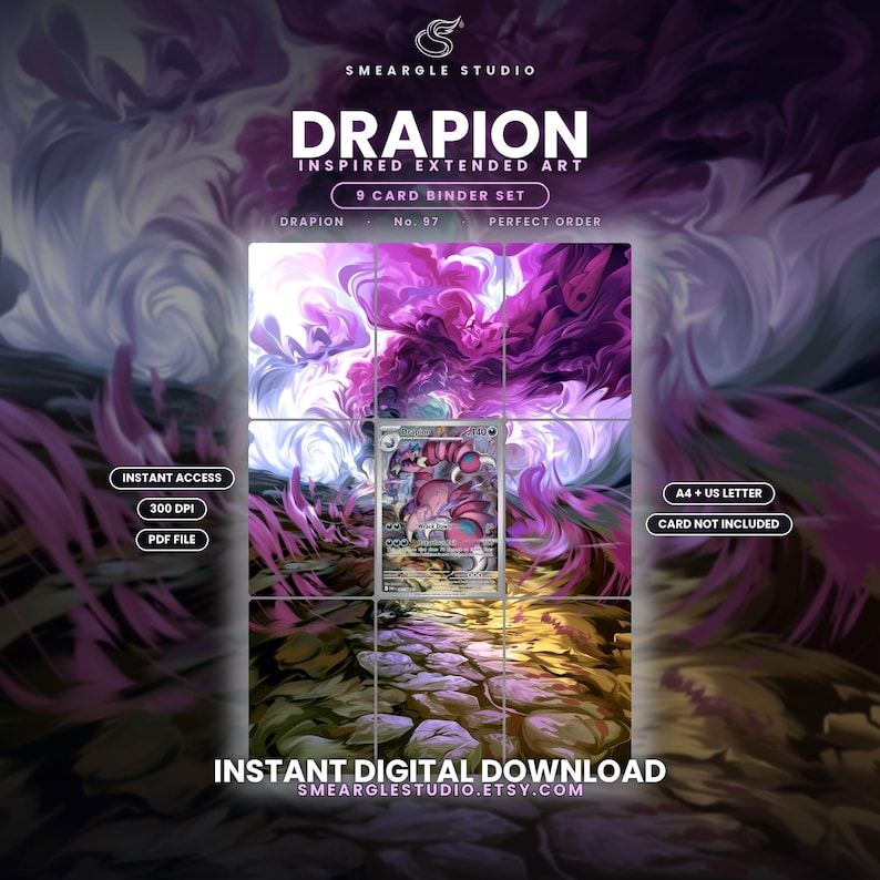 K&ouml;nnte beinhalten: Ein 9-Karten-Ordner-Set mit Drapion-inspirierter erweiterter Kunst. Der digitale Download enth&auml;lt eine PDF-Datei mit A4- und US-Letter-Gr&ouml;&szlig;enoptionen. Das Kunstwerk zeigt einen wirbelnden violetten und wei&szlig;en Himmel &uuml;ber einem steinigen Pfad.