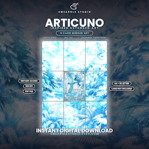 May include: A 9-card binder set digital download featuring Articuno inspired extended art. The design displays a central Articuno card surrounded by a continuous blue and white icy forest landscape. Text includes SMEARGLE STUDIO, ARTICUNO, No. 161, JOURNEY TOGETHER, INSTANT ACCESS, 300 DPI, PDF FILE, A4 + US LETTER, CARD NOT INCLUDED, and INSTANT DIGITAL DOWNLOAD.