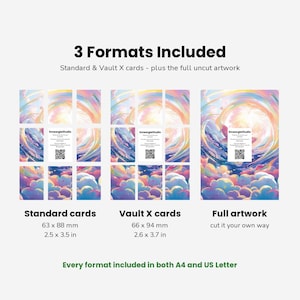 May include: A digital display showing 3 Formats Included: Standard cards at 2.5 x 3.5 inches, Vault X cards at 2.6 x 3.7 inches, and full artwork. Each section features a colorful, swirling abstract design with clouds and a QR code card.