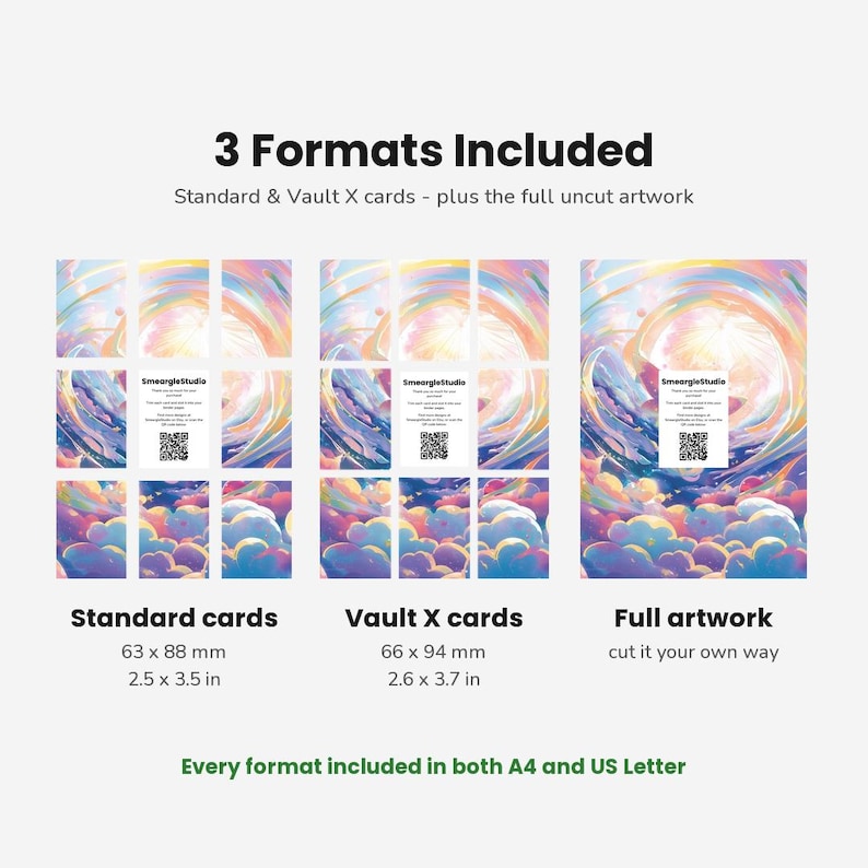 May include: A digital display showing 3 Formats Included: Standard cards at 2.5 x 3.5 inches, Vault X cards at 2.6 x 3.7 inches, and full artwork. Each section features a colorful, swirling abstract design with clouds and a QR code card.