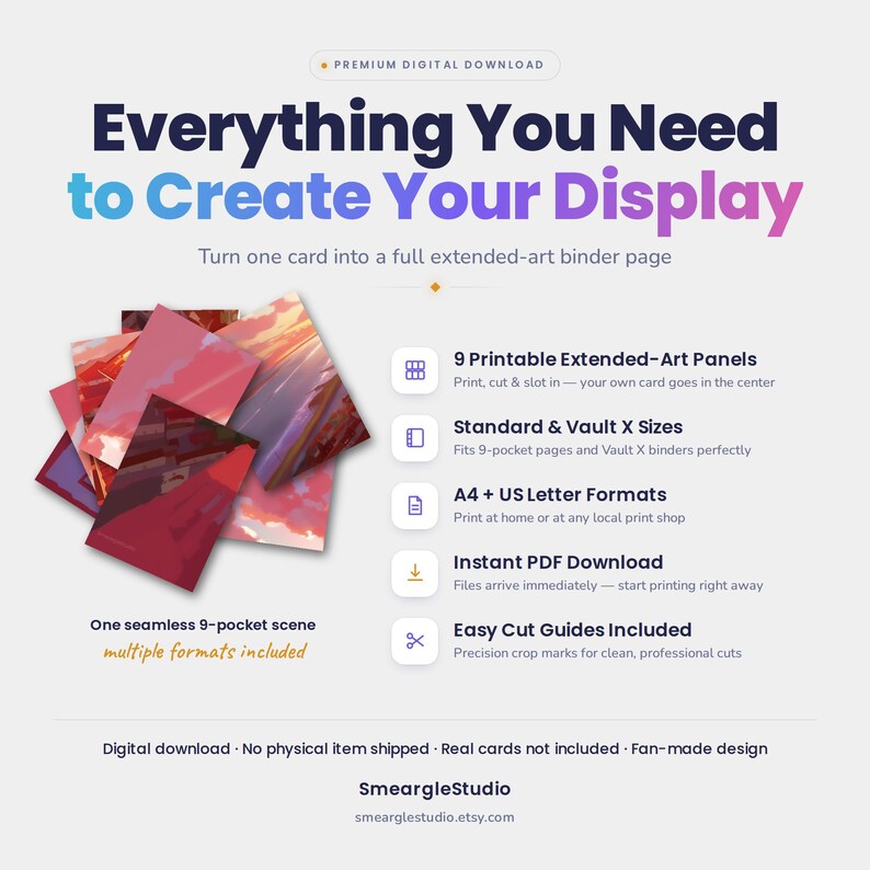 May include: A digital download product featuring 9 printable extended-art panels for binder pages. The graphic includes text: Everything You Need to Create Your Display, 9 Printable Extended-Art Panels, Standard & Vault X Sizes, A4 + US Letter Formats, Instant PDF Download, Easy Cut Guides Included, and One seamless 9-pocket scene.