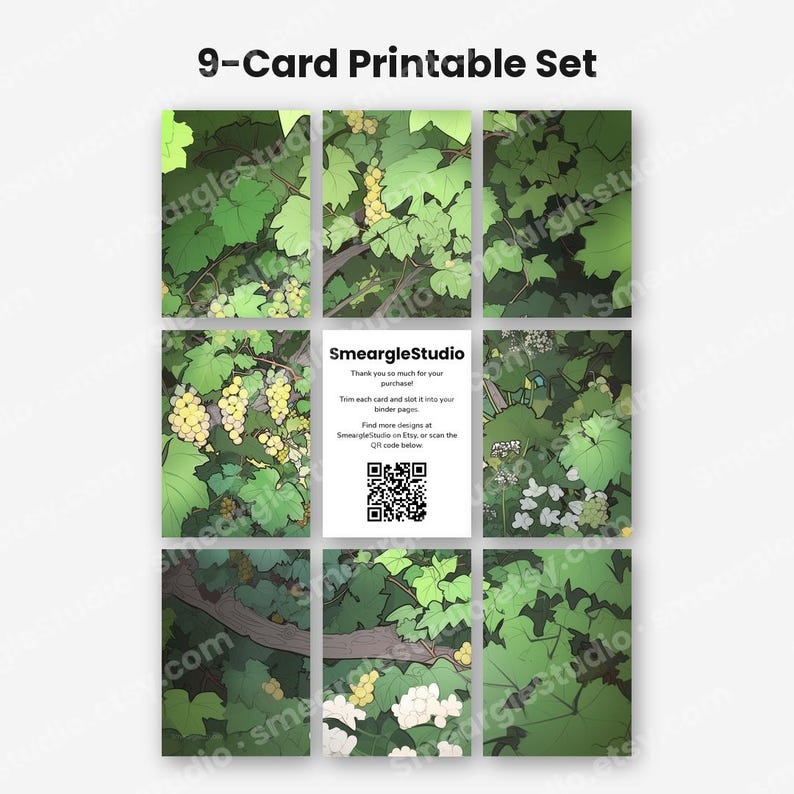 May include: A 9-card printable set featuring illustrations of green grapevines with clusters of grapes. The center card displays the text SmeargleStudio, thank you notes, and a QR code. The overall design uses shades of green, brown, and cream.