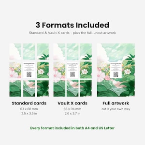 May include: A digital print file display showing 3 Formats Included: Standard cards at 2.5 x 3.5 inches, Vault X cards at 2.6 x 3.7 inches, and full uncut artwork. The graphic features a light green landscape with flowers, clouds, and a QR code.