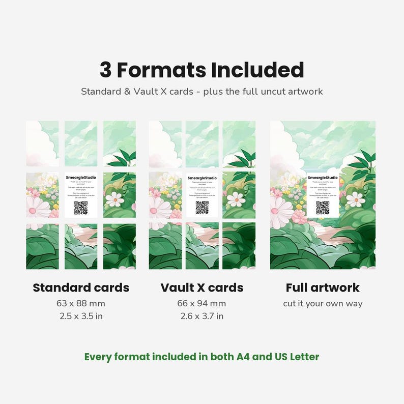 May include: A digital print file display showing 3 Formats Included: Standard cards at 2.5 x 3.5 inches, Vault X cards at 2.6 x 3.7 inches, and full uncut artwork. The graphic features a light green landscape with flowers, clouds, and a QR code.