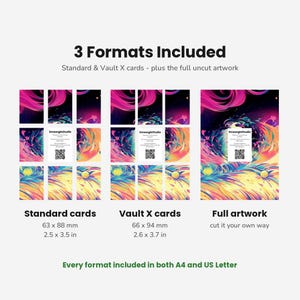 May include: A digital product display showing 3 Formats Included: Standard cards at 2.5 x 3.5 inches, Vault X cards at 2.6 x 3.7 inches, and full artwork. The graphic features vibrant pink, orange, and blue abstract cosmic swirls and a QR code.