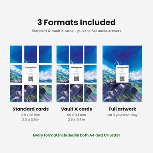 May include: A digital product display showing 3 Formats Included: Standard cards at 63 x 88 mm (2.5 x 3.5 in), Vault X cards at 66 x 94 mm (2.6 x 3.7 in), and Full artwork. Each section features a blue mountain landscape with a SmeargleStudio QR code card.