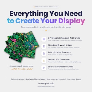 Pu&ograve; includere: Un prodotto in download digitale con 9 pannelli artistici estesi stampabili con un motivo a foglie della giungla. Il testo recita: Everything You Need to Create Your Display, 9 Printable Extended-Art Panels, Standard & Vault X Sizes, A4 + US Letter Formats, Instant PDF Download, Easy Cut Guides Included, One seamless 9-pocket scene, multiple formats included, SmeargleStudio.