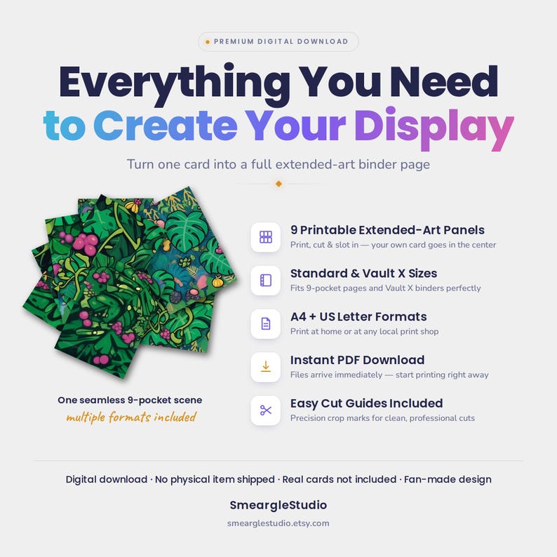 Pu&ograve; includere: Un prodotto in download digitale con 9 pannelli artistici estesi stampabili con un motivo a foglie della giungla. Il testo recita: Everything You Need to Create Your Display, 9 Printable Extended-Art Panels, Standard & Vault X Sizes, A4 + US Letter Formats, Instant PDF Download, Easy Cut Guides Included, One seamless 9-pocket scene, multiple formats included, SmeargleStudio.
