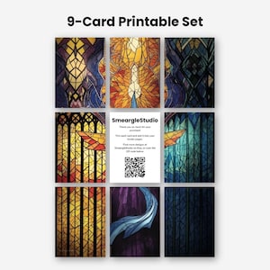May include: A 9-card printable set featuring stained glass patterns in shades of yellow, orange, blue, and purple. The center card displays the text SmeargleStudio, instructions for trimming, and a QR code. The cards show geometric and arched designs.