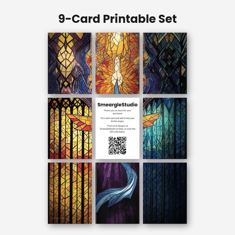 May include: A 9-card printable set featuring stained glass patterns in shades of yellow, orange, blue, and purple. The center card displays the text SmeargleStudio, instructions for trimming, and a QR code. The cards show geometric and arched designs.