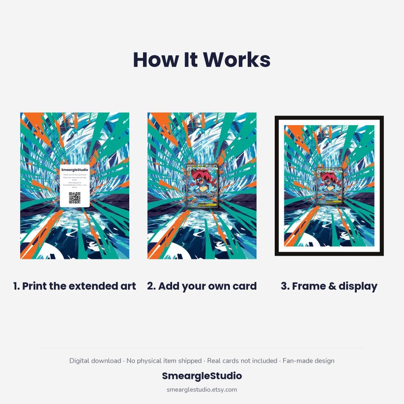 May include: An instructional graphic titled How It Works showing three steps: 1. Print the extended art with a QR code, 2. Add your own card, and 3. Frame & display. The background features a vibrant teal, orange, and blue abstract burst design.