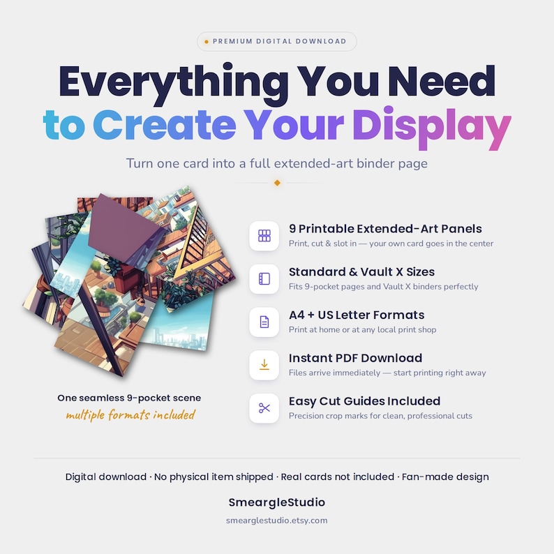 May include: A digital download product featuring 9 printable extended-art panels to create a seamless 9-pocket binder scene. Includes A4 and US Letter formats, easy cut guides, and compatibility with standard and Vault X binders for trading cards.