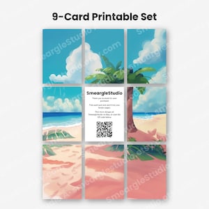 May include: A 9-card printable set featuring a tropical beach scene with blue skies, white clouds, palm leaves, and sandy shores. The center card displays the text SmeargleStudio, a thank you message, and a QR code for further designs.