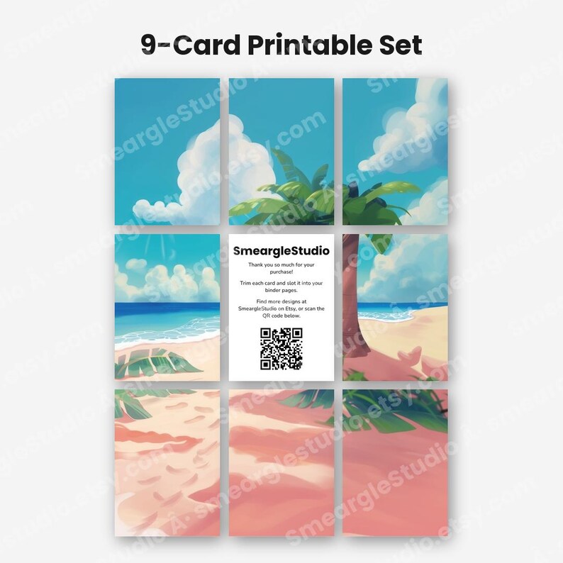 May include: A 9-card printable set featuring a tropical beach scene with blue skies, white clouds, palm leaves, and sandy shores. The center card displays the text SmeargleStudio, a thank you message, and a QR code for further designs.