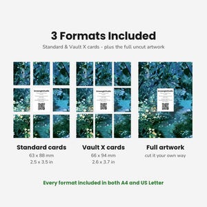 Puede incluir: Una pantalla de producto digital que muestra 3 Formats Included: tarjetas est&aacute;ndar de 63 x 88 mm, tarjetas Vault X de 66 x 94 mm y una ilustraci&oacute;n completa sin cortar. Cada secci&oacute;n presenta un bosque oscuro con una tarjeta informativa blanca.