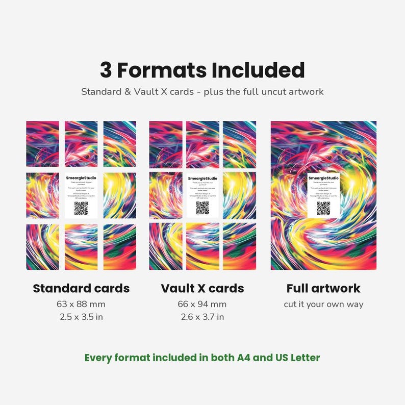 Op de afbeelding: Een digitale productweergave met 3 Formats Included: standaardkaarten van 63 x 88 mm, Vault X-kaarten van 66 x 94 mm en volledige ongesneden illustraties. Elke sectie bevat een kleurrijk abstract wervelontwerp en een SmeargleStudio QR-code.