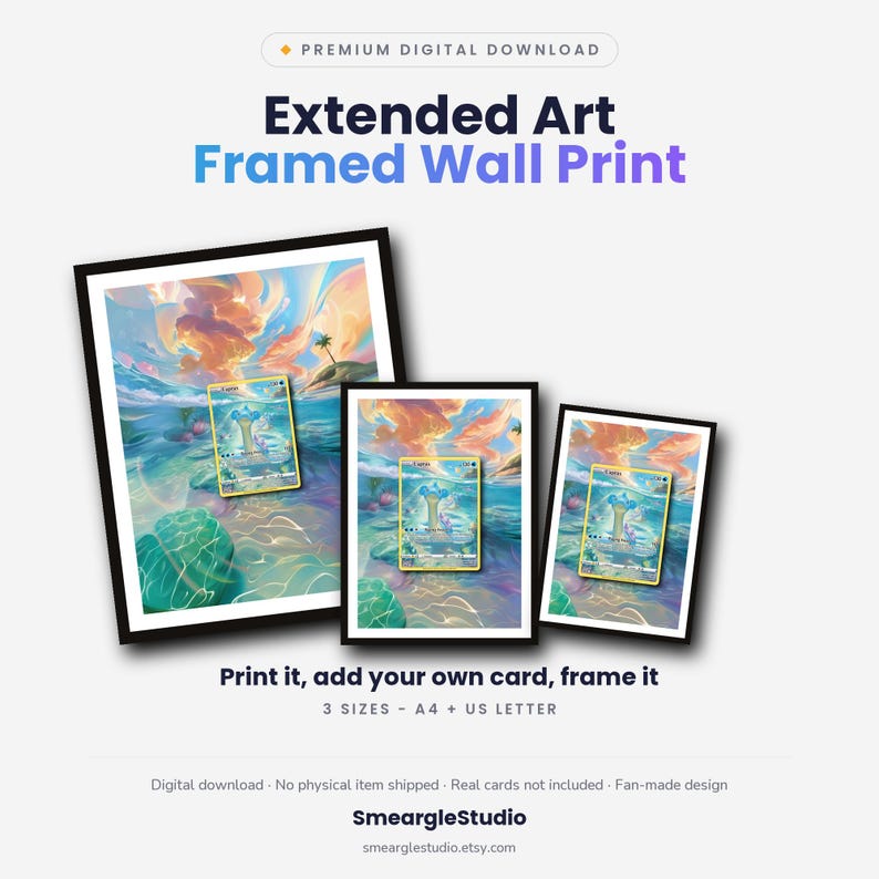 K&ouml;nnte beinhalten: Drei schwarz gerahmte Wandbilder mit erweiterter Grafik einer Sammelkarte mit einer blau, gr&uuml;n und orangefarbenen Landschaft. Der Text umfasst Premium Digital Download, Extended Art Framed Wall Print, Print it, add your own card, frame it, 3 SIZES - A4 + US LETTER, Digital download, No physical item shipped, Real cards not included, Fan-made design, SmeargleStudio, smearglestudio.etsy.com.