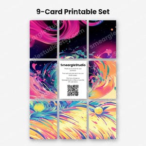 May include: A 9-card printable set featuring vibrant abstract designs with swirling pink, orange, yellow, and blue colors. The center card displays the text SmeargleStudio, instructions for trimming, and a QR code on a white background.
