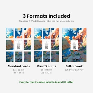 May include: A digital display showing 3 Formats Included: Standard cards at 63 x 88 mm (2.5 x 3.5 in), Vault X cards at 66 x 94 mm (2.6 x 3.7 in), and full uncut artwork. Each section features a landscape illustration with a QR code and text.