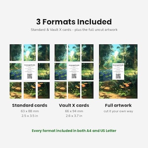May include: A digital product display showing 3 Formats Included: Standard cards at 2.5 x 3.5 inches, Vault X cards at 2.6 x 3.7 inches, and full uncut artwork. Each section features a forest landscape with a pond, orange flowers, and a QR code card.