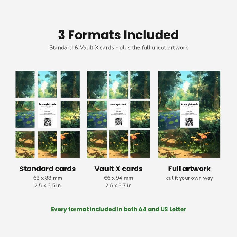 May include: A digital product display showing 3 Formats Included: Standard cards at 2.5 x 3.5 inches, Vault X cards at 2.6 x 3.7 inches, and full uncut artwork. Each section features a forest landscape with a pond, orange flowers, and a QR code card.