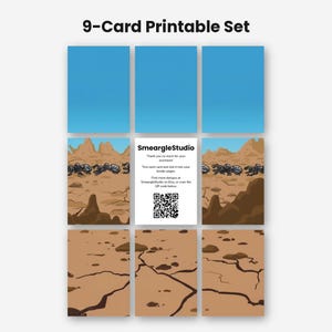 Puede incluir: Un conjunto de 9 tarjetas imprimibles con un paisaje des&eacute;rtico con hormigas y una tarjeta central con el texto SmeargleStudio, thank you so much for your purchase, trim each card and slot it into your binder pages, find more designs at SmeargleStudio on Etsy, or scan the QR code below.