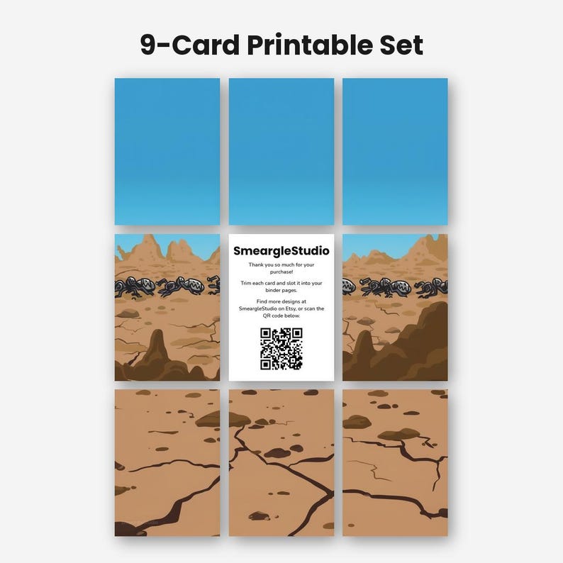Puede incluir: Un conjunto de 9 tarjetas imprimibles con un paisaje des&eacute;rtico con hormigas y una tarjeta central con el texto SmeargleStudio, thank you so much for your purchase, trim each card and slot it into your binder pages, find more designs at SmeargleStudio on Etsy, or scan the QR code below.