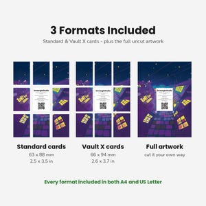 以下が含まれることがあります： 3つのフォーマットが含まれるデジタル製品表示：63 x 88 mmの標準カード、66 x 94 mmのVault Xカード、およびカットされていないフルアートワーク。グラフィックには、紫色の建物と黄色の窓がある夜の街並みが描かれています。