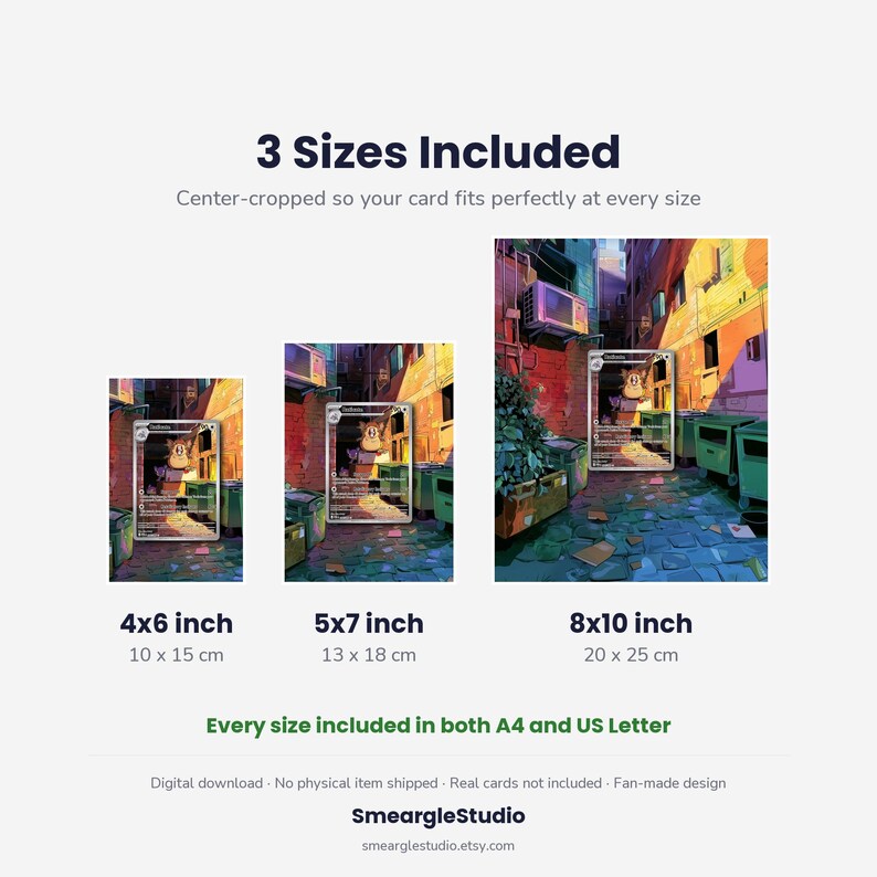 May include: A digital download product display showing three sizes of a fan-made trading card illustration: 4x6 inch, 5x7 inch, and 8x10 inch. The artwork depicts a cartoon creature in an alleyway. Text includes 3 Sizes Included, dimensions, and SmeargleStudio.