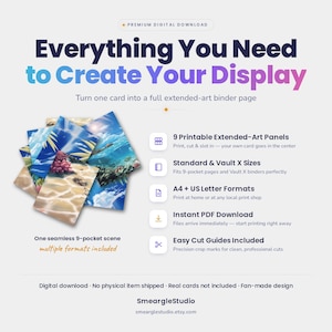 K&ouml;nnte beinhalten: Ein digitales Download-Produkt mit 9 druckbaren Extended-Art-Panels f&uuml;r Ordnerseiten. Der Text lautet: Everything You Need to Create Your Display, 9 Printable Extended-Art Panels, Standard & Vault X Sizes, A4 + US Letter Formats, Instant PDF Download, Easy Cut Guides Included, One seamless 9-pocket scene, multiple formats included, SmeargleStudio, smearglestudio.etsy.com.